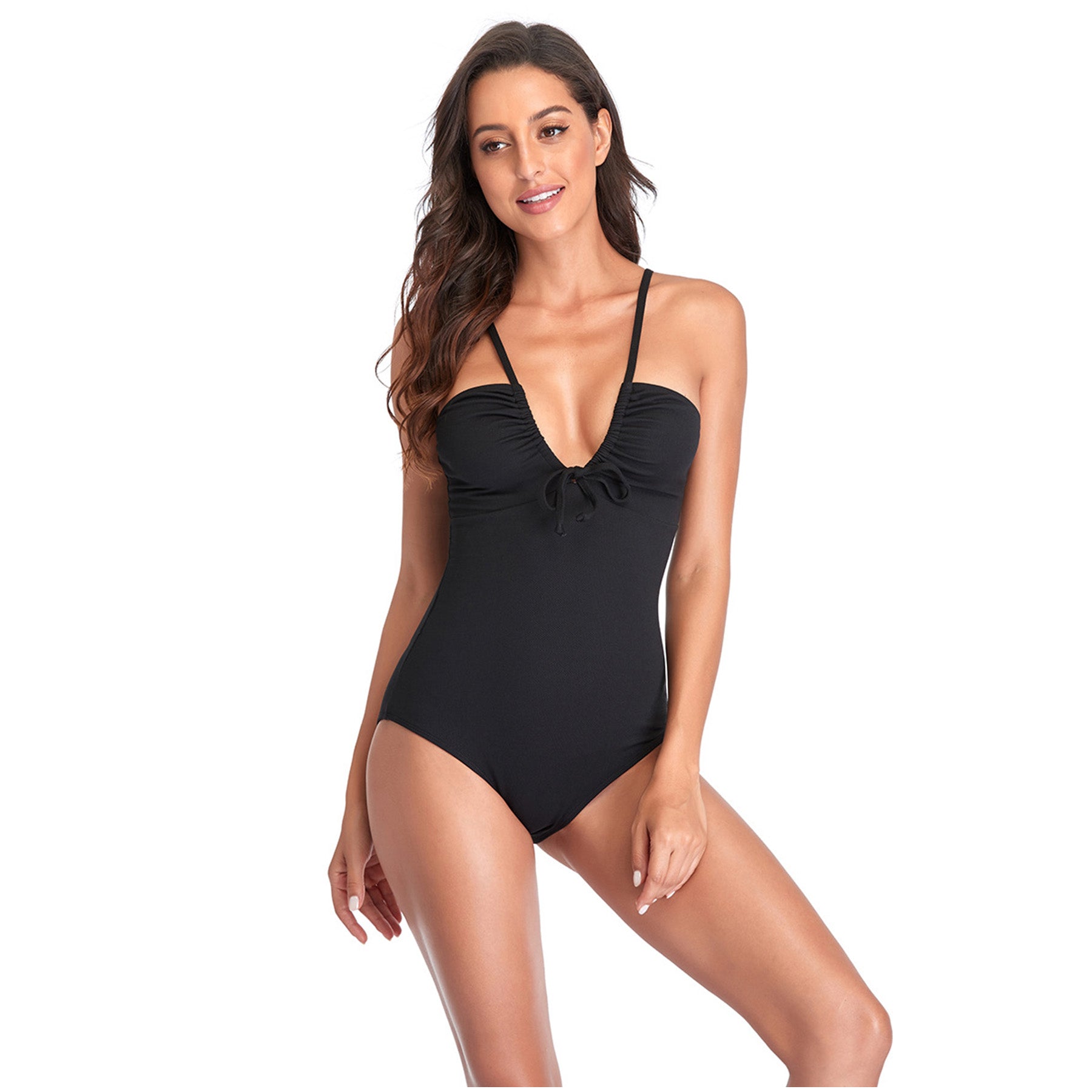 Solid Color Bow Narrow Shoulder Band One Piece Swimsuit - Quaworth