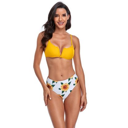 Floral Print V Bralette High Rise Split Bikini Swimsuit Set - Quaworth
