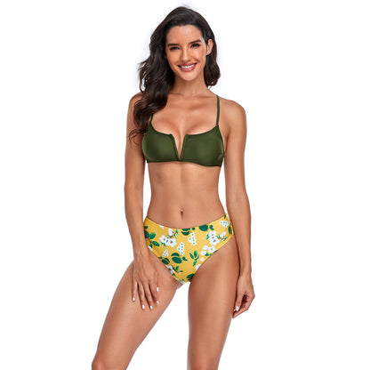 Floral Print V Bralette High Rise Split Bikini Swimsuit Set - Quaworth