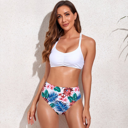 Floral Print Two Piece High Rise Pleated Bikini Swimsuit Set - Quaworth