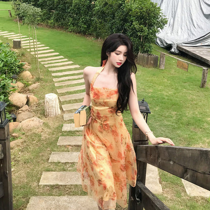 Floral Print Backless Chiffon Midi Dress - Quaworth