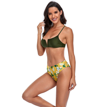 Floral Print V Bralette High Rise Split Bikini Swimsuit Set - Quaworth