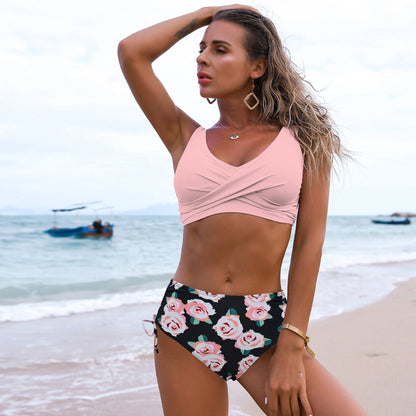 Floral Print Chest Twist Cross High Rise Bikini Swimsuit Set - Quaworth