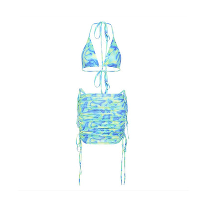 Oil Paint Pattern Bikini Skirt Swimsuit Set - Quaworth