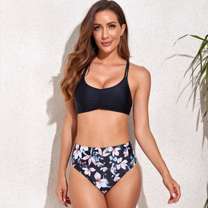 Floral Print Two Piece High Rise Pleated Bikini Swimsuit Set - Quaworth