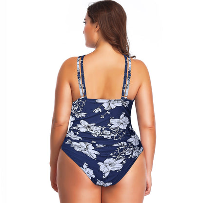 Floral Print Cross Halter Pleated One Piece Swimsuit - Quaworth