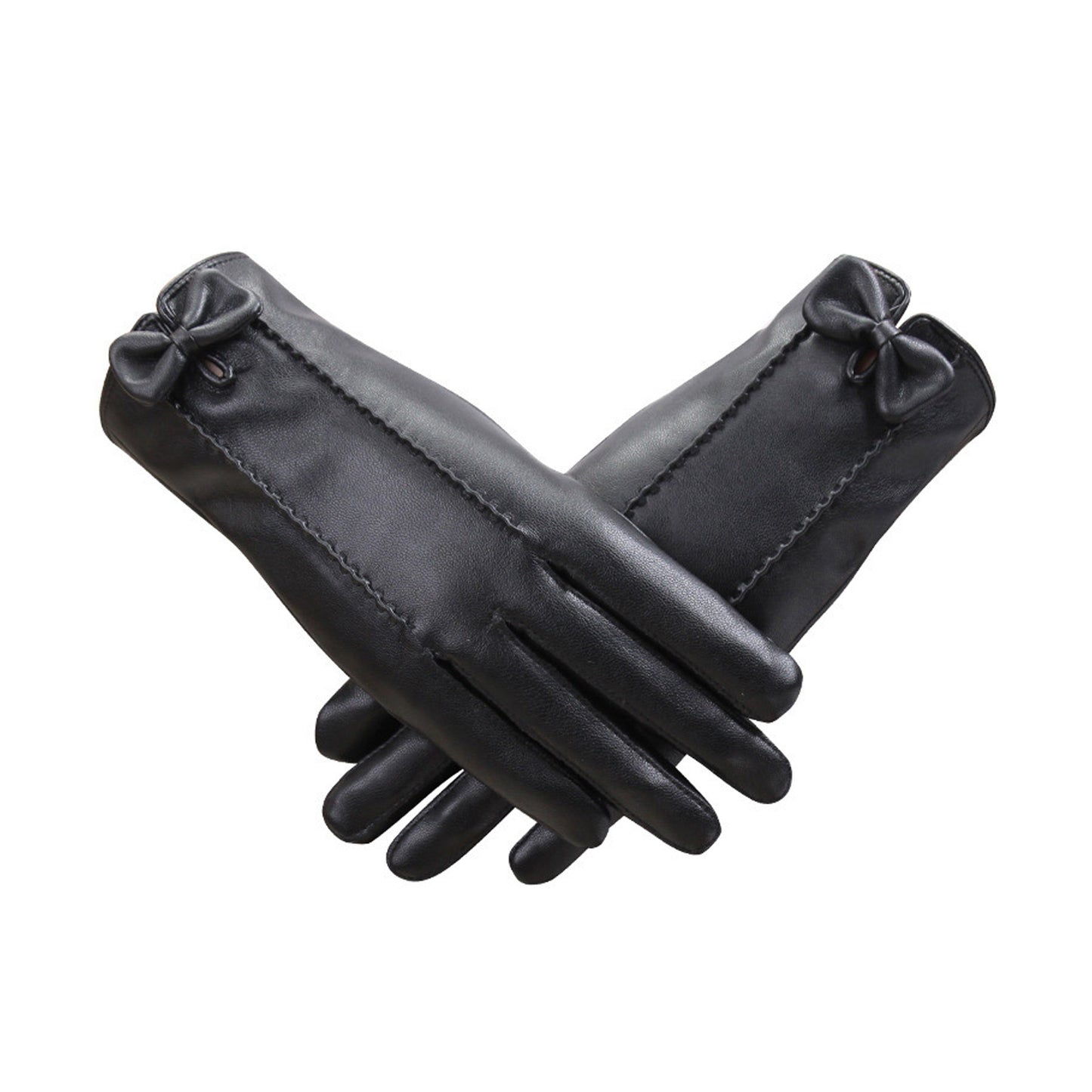 Solid Color Bowknot Seam Detail Thermal Vegan Leather Touch Screen Wrist Gloves - Quaworth