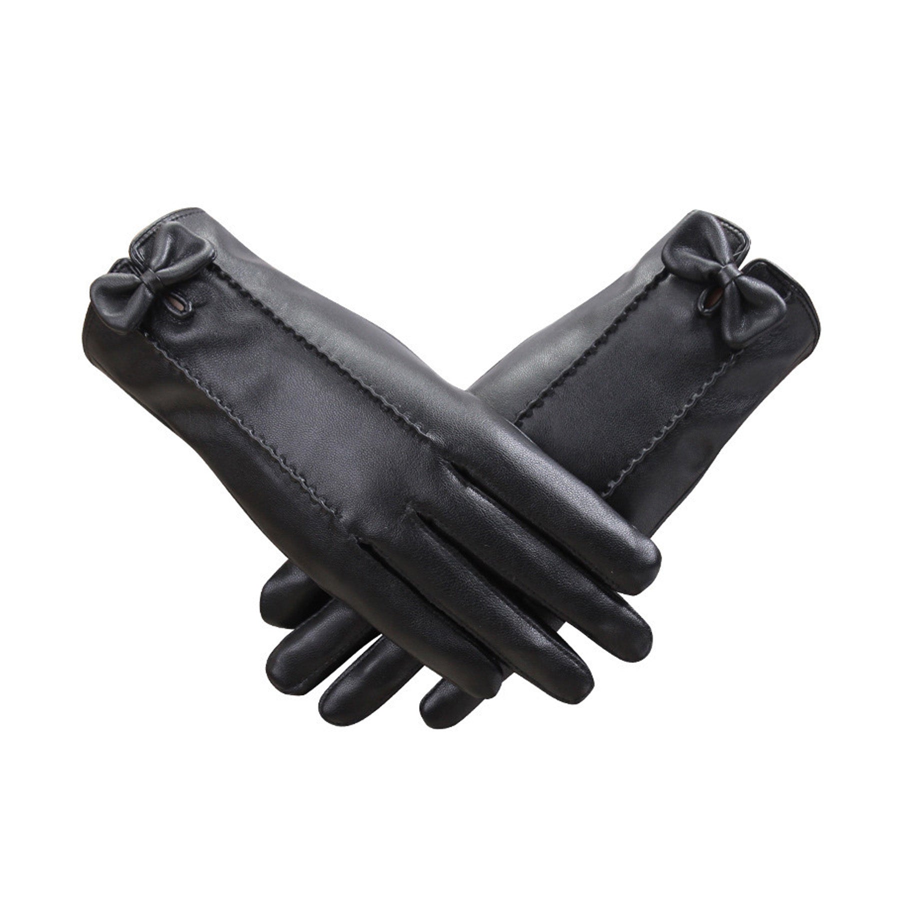 Solid Color Bowknot Seam Detail Thermal Vegan Leather Touch Screen Wrist Gloves - Quaworth