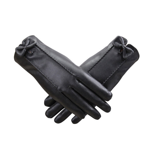Solid Color Bowknot Seam Detail Thermal Vegan Leather Touch Screen Wrist Gloves - Quaworth