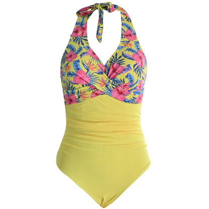 Floral Print V Neck Cross Chest Backless One Piece Swimsuit - Quaworth