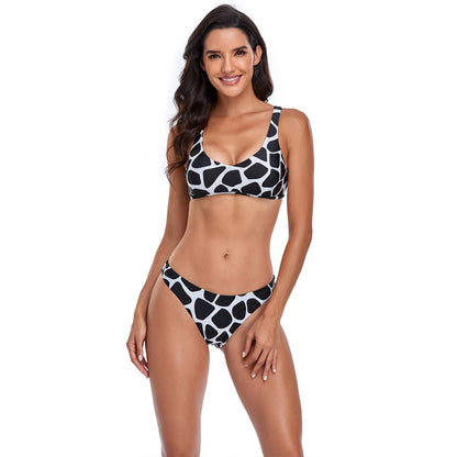 Giraffe Print Lace Up Split Bikini Swimsuit Set - Quaworth