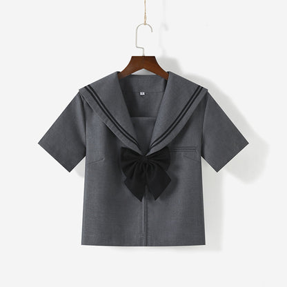Gray Broad Collar Two Black Line Square Flap Cravat Bow Sailor School Uniform - Quaworth