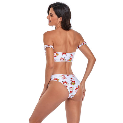 Santa Print Ruffle Sleeve Bowknot Spilt Triangle Bikini Swimsuit Set - Quaworth