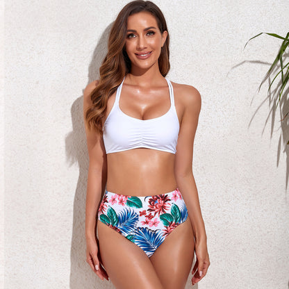Floral Print Two Piece High Rise Pleated Bikini Swimsuit Set - Quaworth