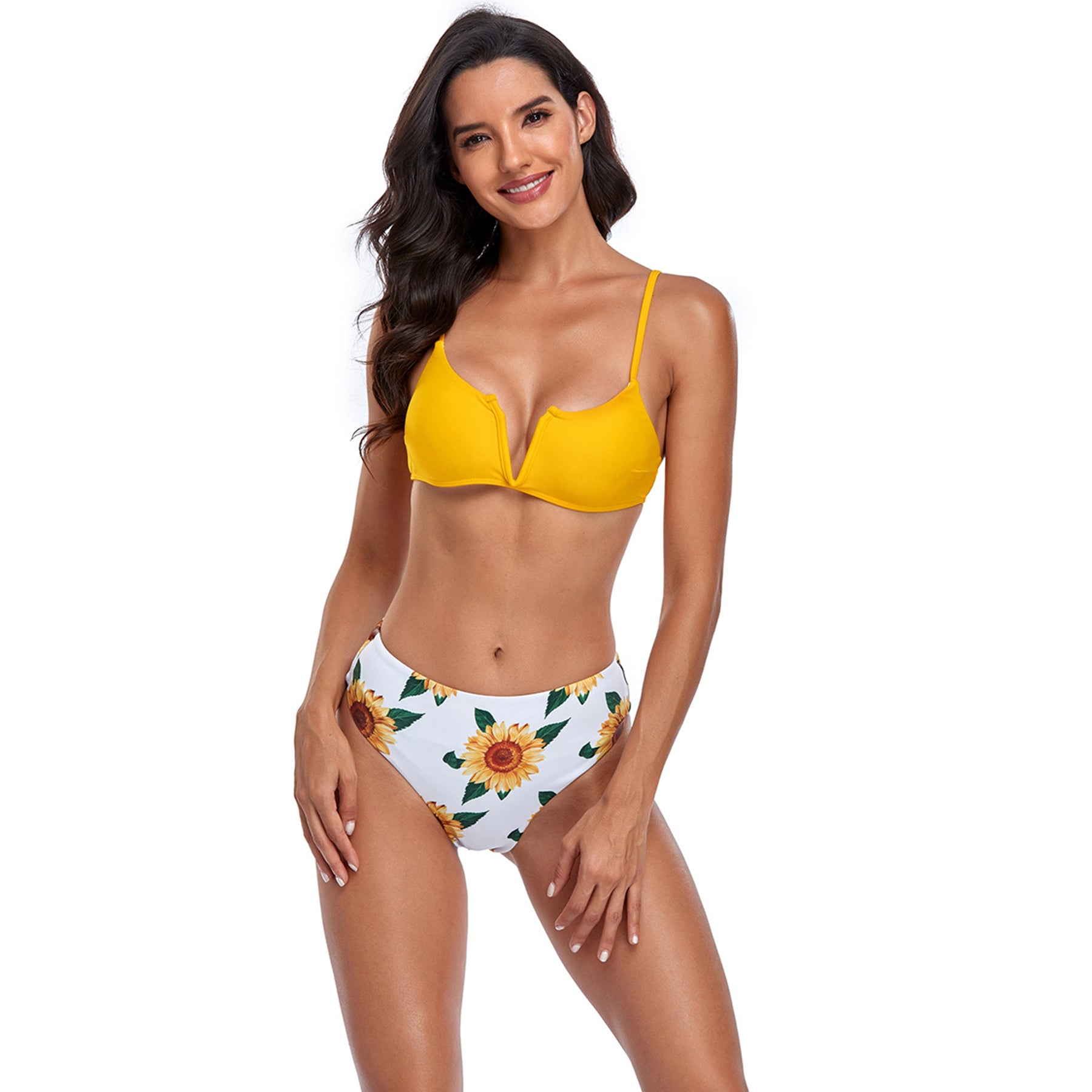 Floral Print V Bralette High Rise Split Bikini Swimsuit Set - Quaworth