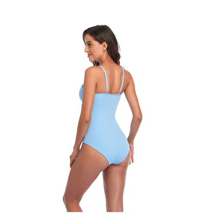 Solid Color Bow Narrow Shoulder Band One Piece Swimsuit - Quaworth