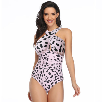 Leopard Print Cross Halter Pleated One Piece Swimsuit - Quaworth