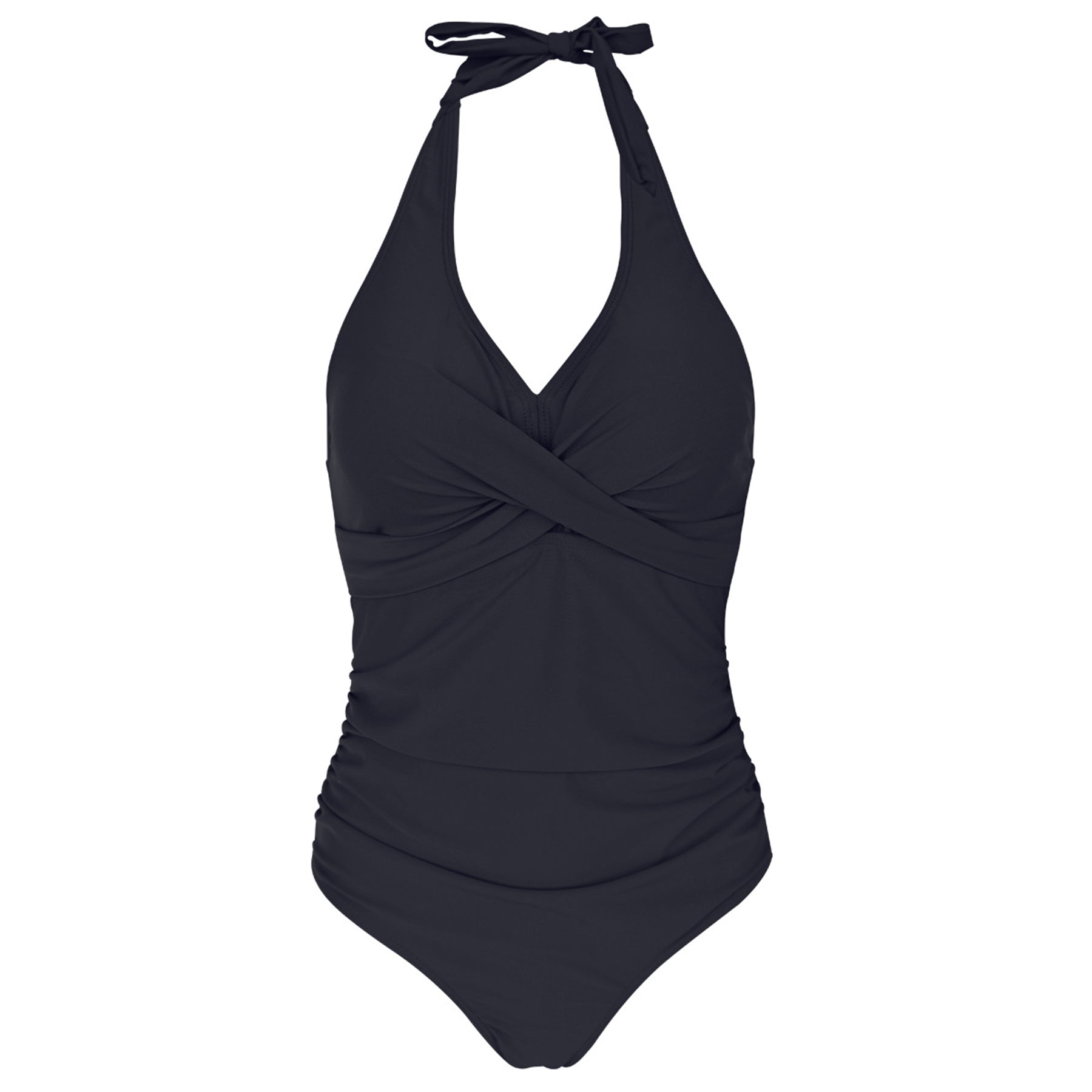 Solid Color V Neck Cross Chest Backless One Piece Swimsuit - Quaworth