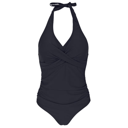 Solid Color V Neck Cross Chest Backless One Piece Swimsuit - Quaworth