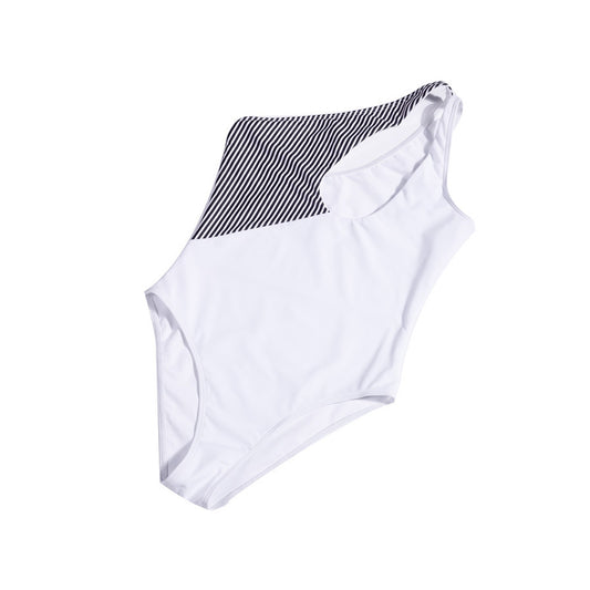 Stripe Color Block Splice Single Shoulder One Piece Swimsuit - Quaworth