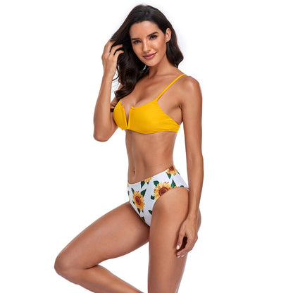 Floral Print V Bralette High Rise Split Bikini Swimsuit Set - Quaworth