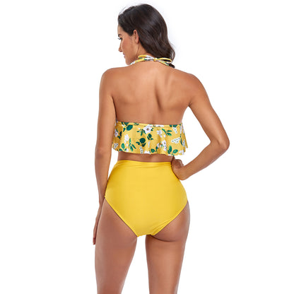 Floral Print Backless High Rise Two Piece Flounce Swimsuit Set - Quaworth