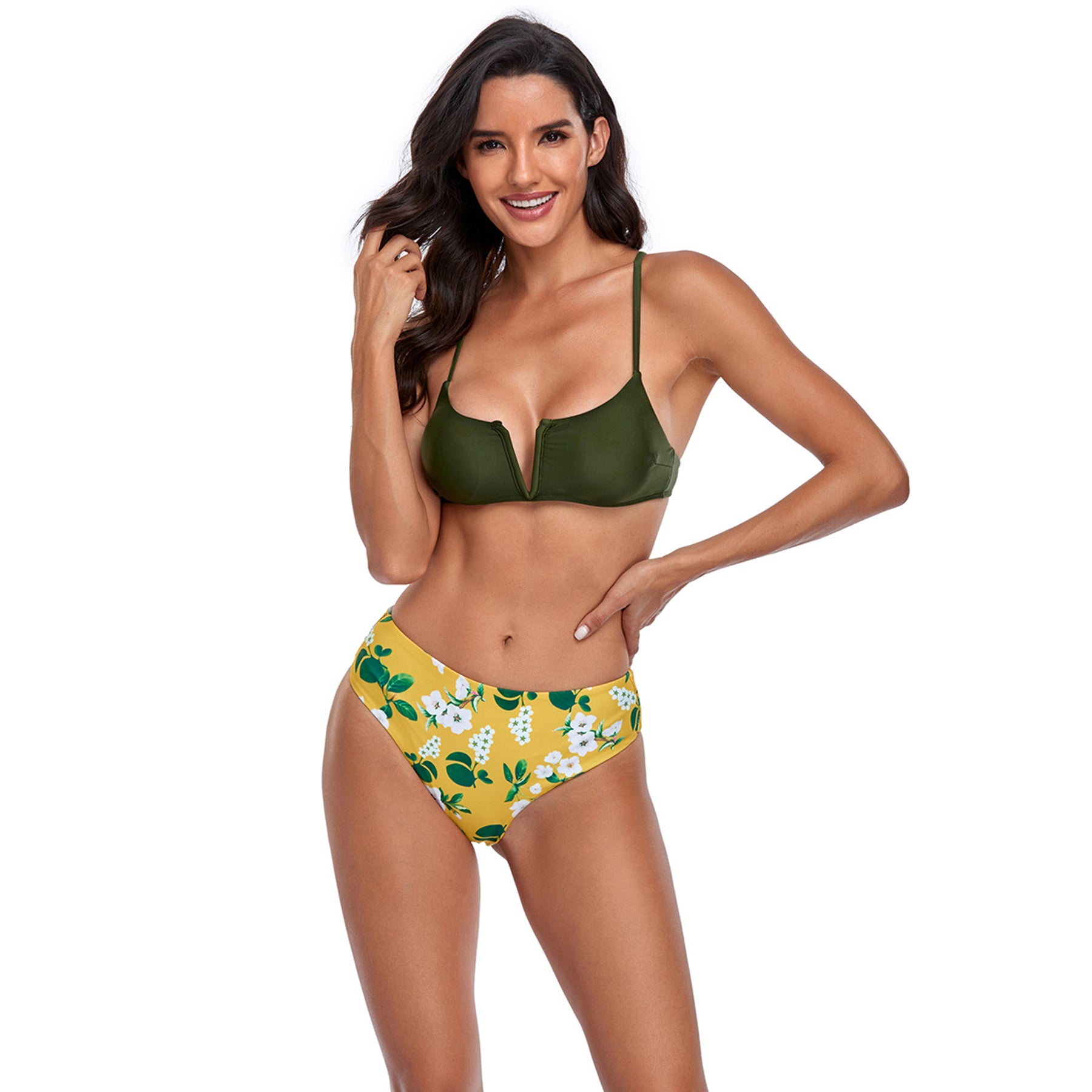 Floral Print V Bralette High Rise Split Bikini Swimsuit Set - Quaworth