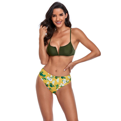 Floral Print V Bralette High Rise Split Bikini Swimsuit Set - Quaworth