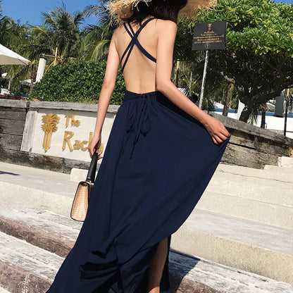 Solid Color V Neck Cross Back Bohemia Beach Maxi Dress - Quaworth