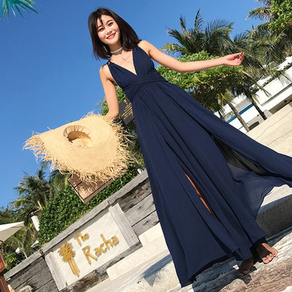 Solid Color V Neck Cross Back Bohemia Beach Maxi Dress - Quaworth