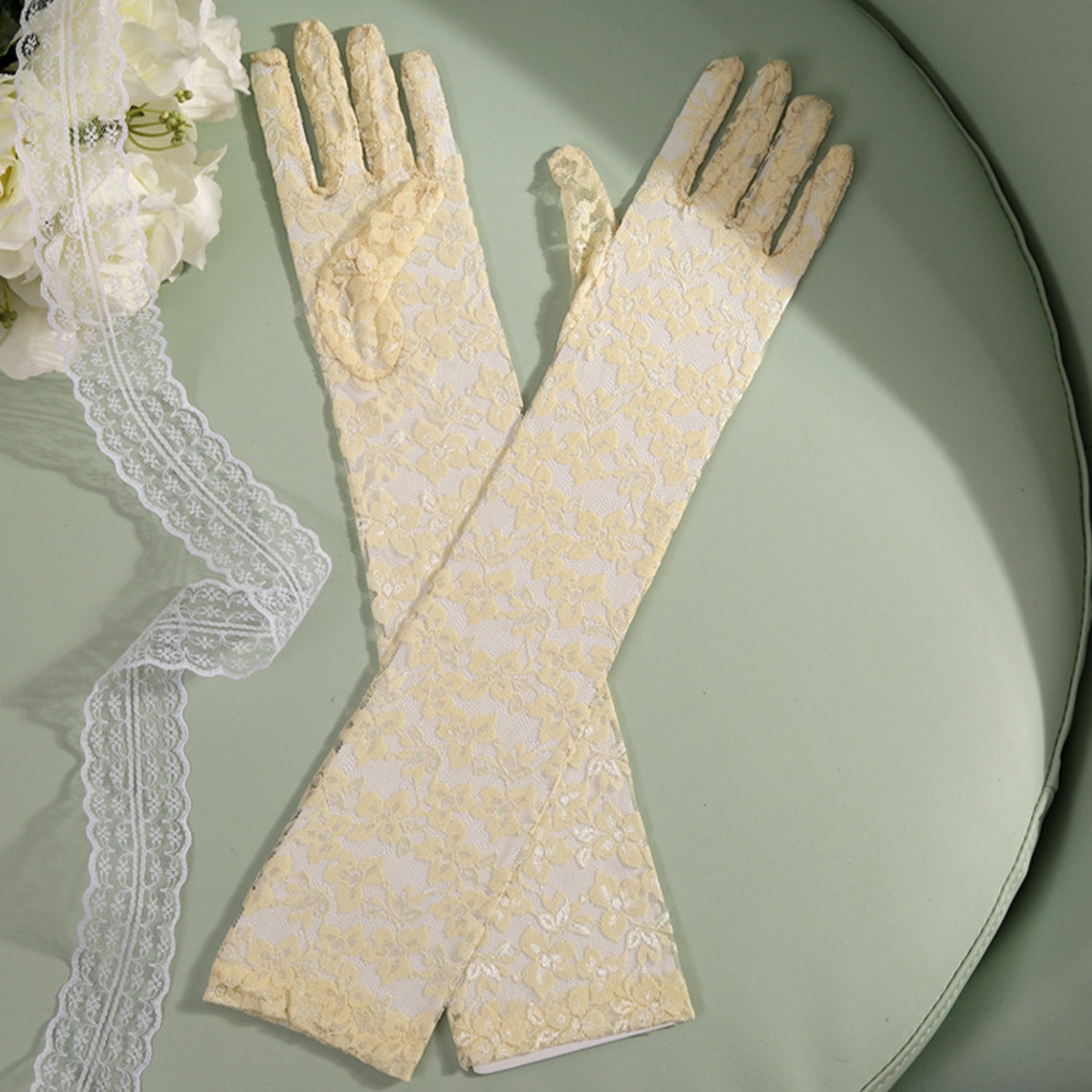 Lace Floral Jacquard Over Elbow Gloves - Quaworth