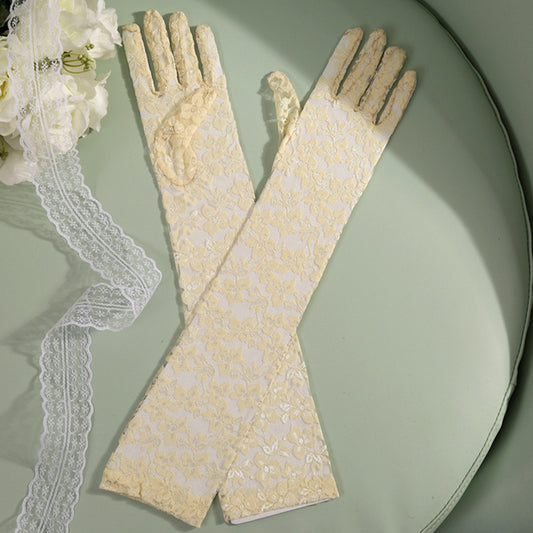 Lace Floral Jacquard Over Elbow Gloves - Quaworth