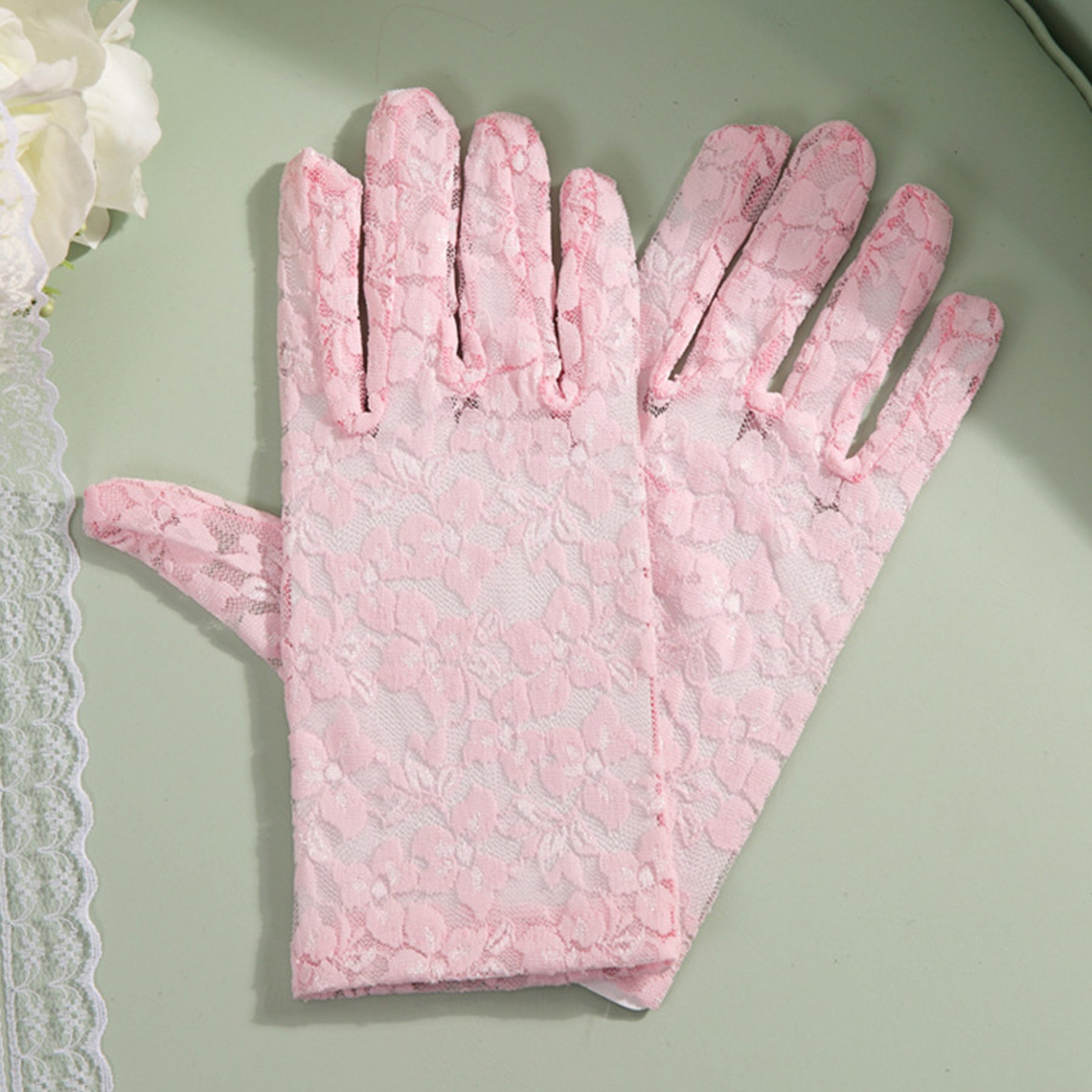 Lace Floral Jacquard Wrist Gloves - Quaworth