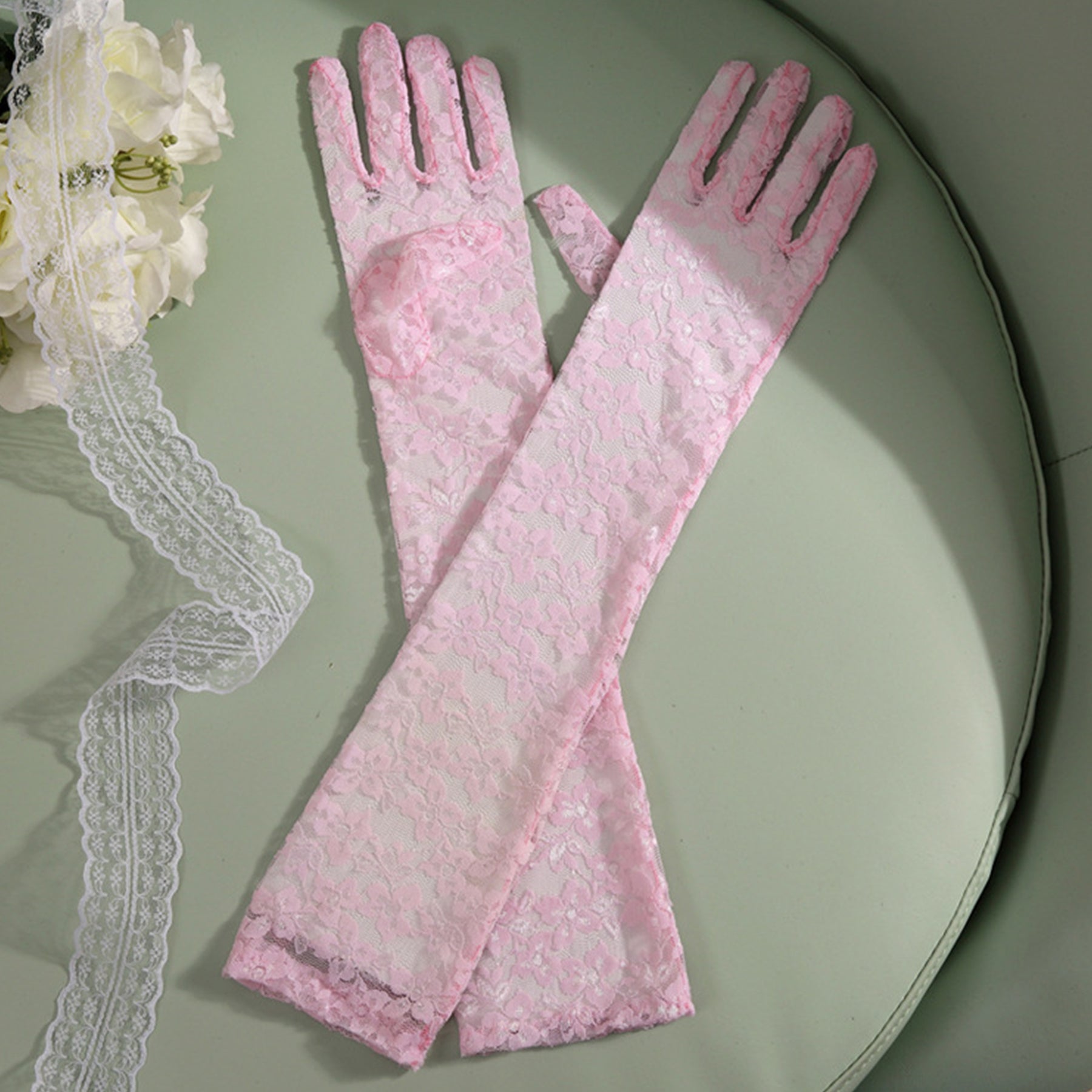 Lace Floral Jacquard Over Elbow Gloves - Quaworth