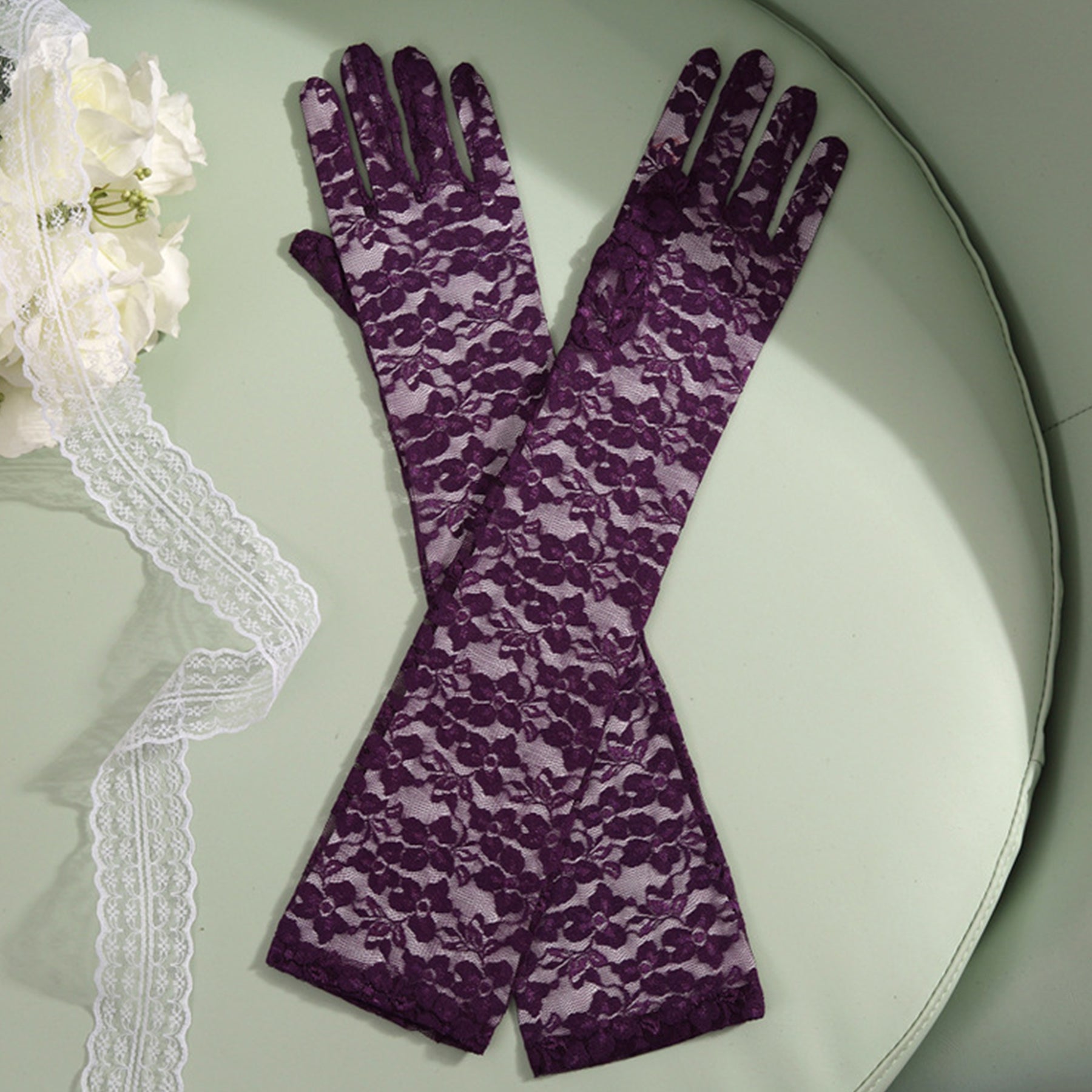 Lace Floral Jacquard Over Elbow Gloves - Quaworth