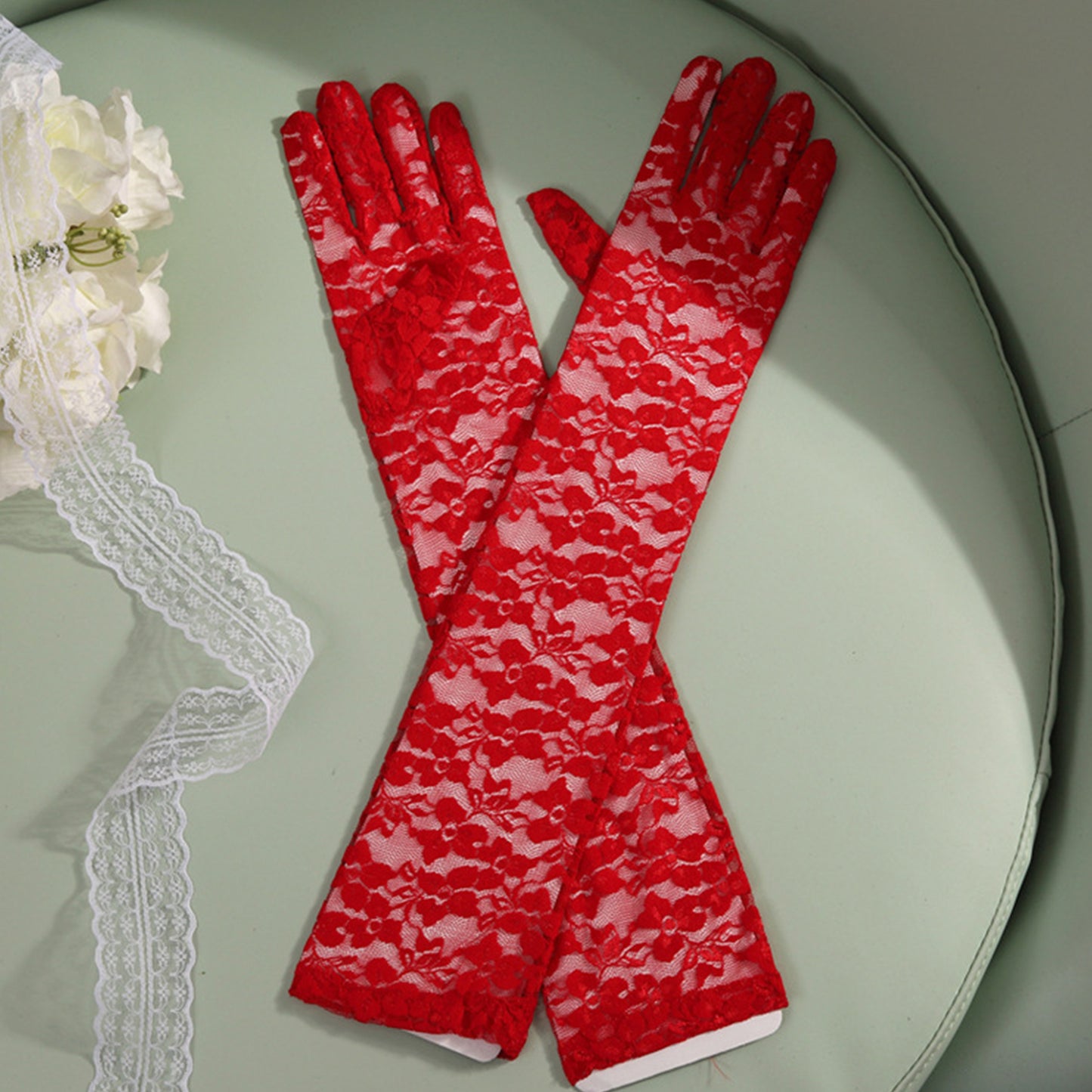Lace Floral Jacquard Over Elbow Gloves - Quaworth