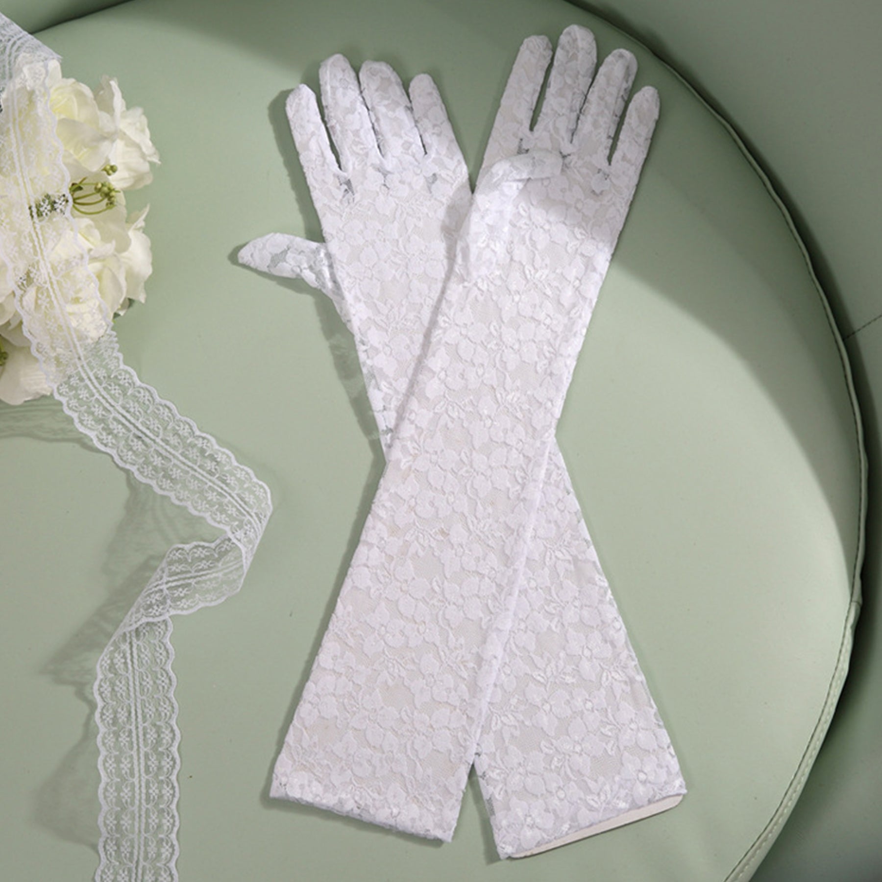 Lace Floral Jacquard Over Elbow Gloves - Quaworth